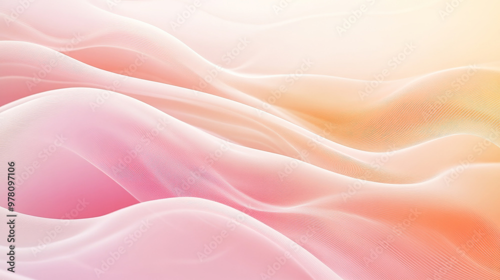 Fototapeta premium A soft gradient background blending from soft pink to pale orange, with wavy lines moving horizontally in a calming rhythm. The lines are dynamic, but gentle, creating a balanced flow.