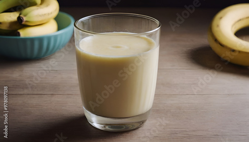 glass of banana flavored milk in a isolated background