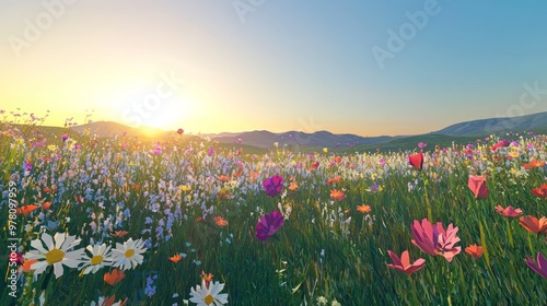 Peaceful Pixelated Meadow  Serene Virtual Landscape with Sunlit Hills and Flower Blooms