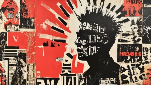 A black and white silhouette of a punk rock person with a mohawk and a red, black, and white collage in the background.