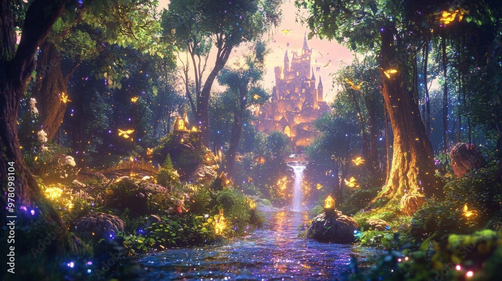 Enchanting Digital Fairytale Forest with Animated Creatures, Sparkling Streams, and Distant Castle