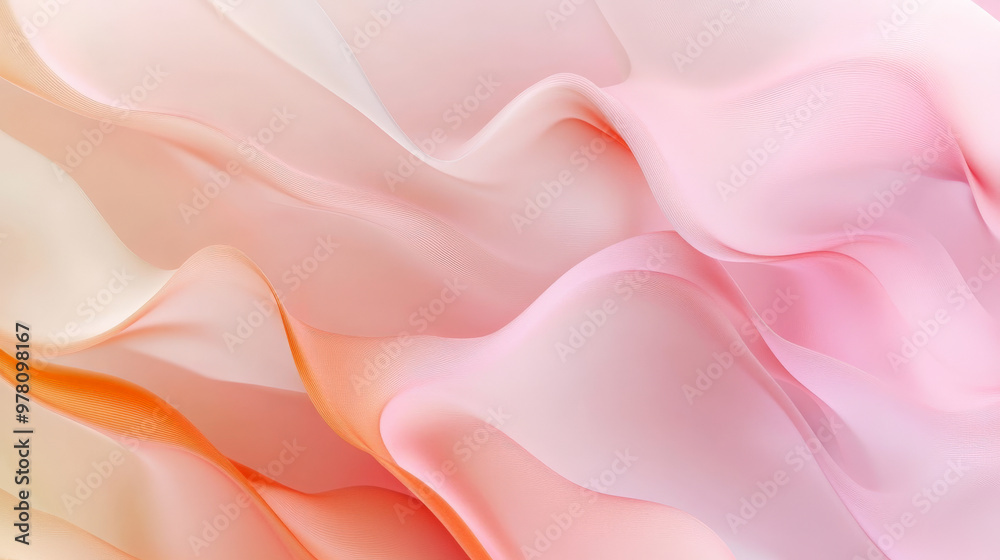 Obraz premium A soft gradient of pastel pink and peach with fluid wavy lines, creating a serene and elegant liquid design.