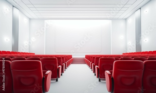 An empty cinema hall featuring red seats and white walls, creating a stark yet inviting atmosphere for moviegoers.