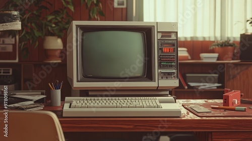 A vintage desktop computer with a bulky monitor and early keyboard, set in a retro tech workspace, illustrating the technology of early personal computing. photo