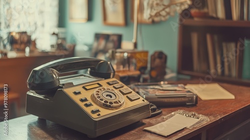 A vintage home telephone answering machine with a cassette tape, placed on a retro desk, highlighting the early technology for message recording.