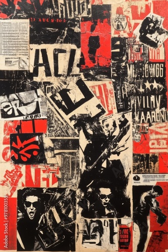 A collage of black and red abstract shapes and textures.