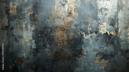 Grunge wall with distressed metal and concrete textures, deep scratches and dents, urban decay theme, soft light reflections, high contrast, deep shadows