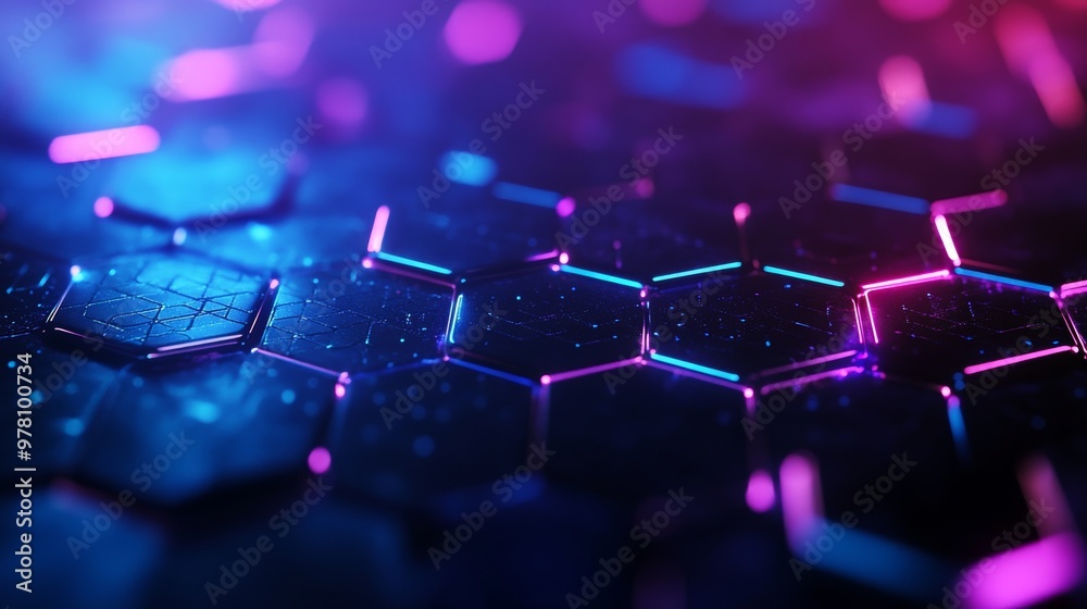 Obraz premium Hexagon pattern with neon blue and purple glow, floating in a dark cyberpunk setting, intricate 3D layers, glowing edges, futuristic style