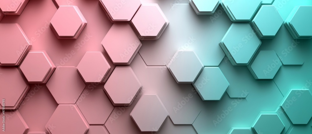 Hexagonal grid abstract background, soft pastel tones like pink and teal, smooth transitions between hexagons, minimalistic design, subtle 3D effect, calming and modern style Hexagonal grid abstract background, soft pastel tones like pink and teal, smooth transitions between hexagons, minimalistic design, subtle 3D effect, calming and modern style