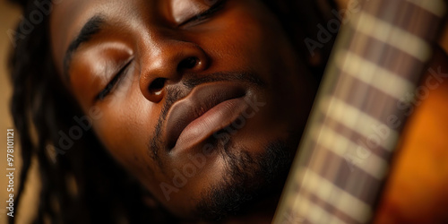 Musician's Inspiration: A musician lost in melody as they strum a guitar, their eyes closed and face uplifted in creative surrender.