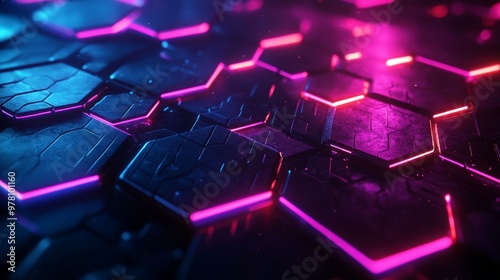 High-tech hexagon grid, glowing neon blue and purple, layered in 3D, cyberpunk aesthetic, dark background with bright neon highlights photo