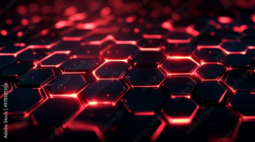 Interconnected hexagons glowing red, on a dark black background, forming a grid, sharp high-contrast design, sleek and futuristic, Neon glow, Digital art