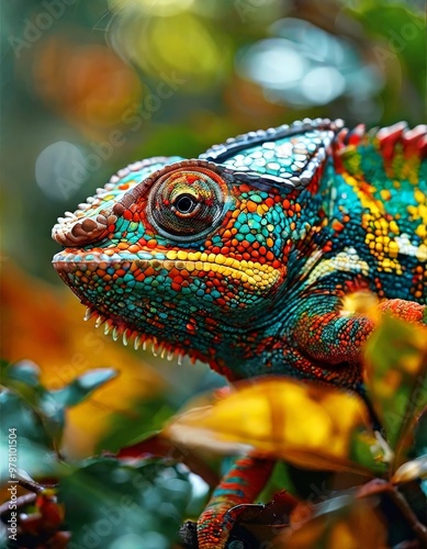 A striking image of a colorful chameleon blending into its vibrant natural habitat. The detailed skin texture and vivid colors make this an eye-catching wildlife photograph.