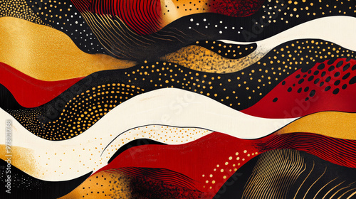 Wallpaper Mural A vibrant abstract design featuring bold geometrical patterns in red, black, and gold, paired with smooth, flowing wavy lines for a striking effect. Torontodigital.ca