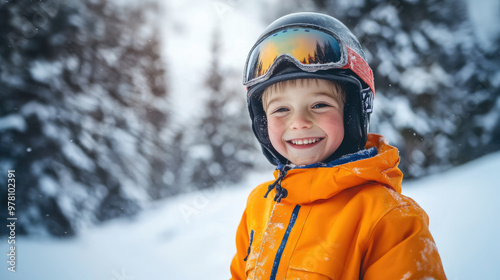 little smiling boy skiing at ski resort, ski slope, white snow, winter sport, child, kid, sports uniform, helmet, mask, active lifestyle, childhood, children, speed, competition, training, december