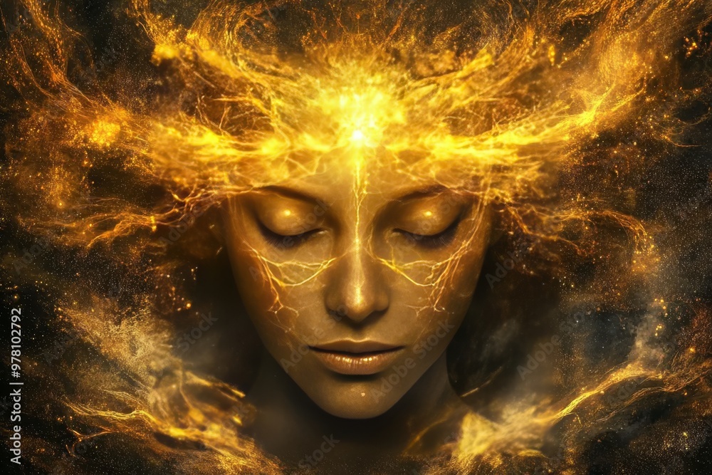 Abstract figure surrounded by a fiery aura symbolizing inner energy and transformation blending cosmic and mystical themes with vibrant golden hues