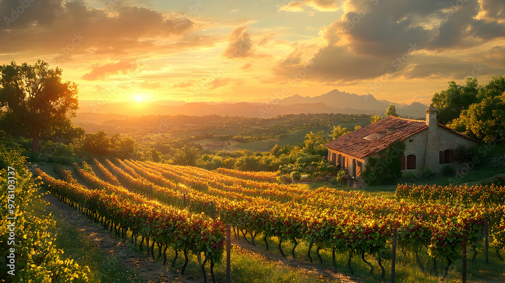 Fototapeta premium Vineyard Sunset Landscape with House Illustration