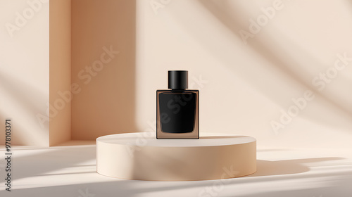 mockup of a plain black perfume bottle neatly placed on a podium on a neutral background