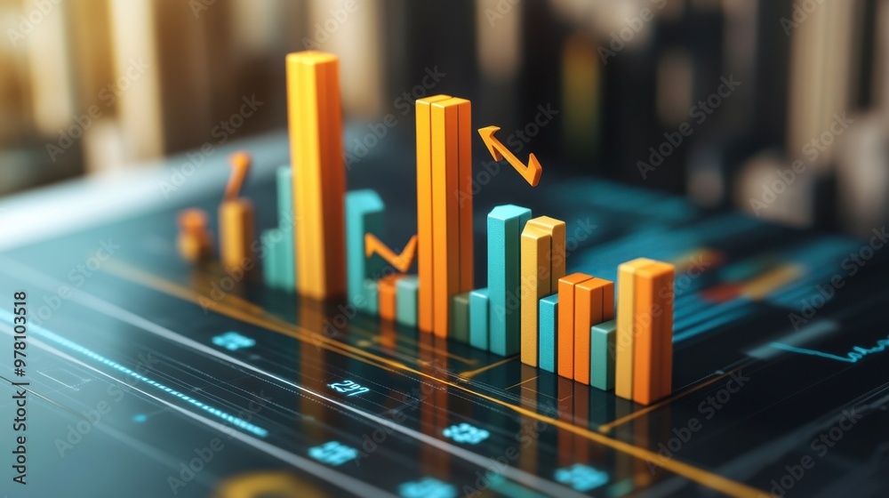 Obraz premium A 3D bar graph illustrating financial projections, with arrows and labels highlighting growth over time.