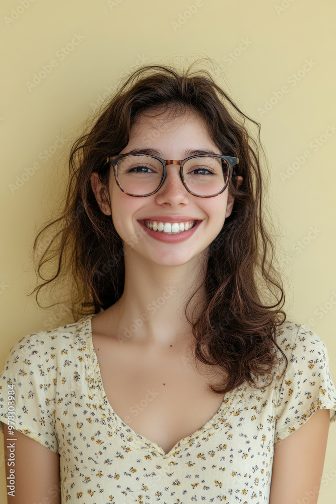 Cheerful young Brazilian woman with glasses, smiling with enthusiasm, wearing casual clothes, set against a pale yellow background, evoking feelings of joy and optimism. Cheerful young Brazilian woman with glasses, smiling with enthusiasm, wearing casual clothes, set against a pale yellow background, evoking feelings of joy and optimism.