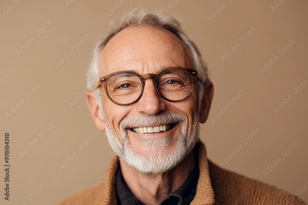 Senior Caucasian man with glasses, wide smile, gentle and wise expression, against a soft beige background, projecting kindness and warmth, with a lighthearted personality. Senior Caucasian man with glasses, wide smile, gentle and wise expression, against a soft beige background, projecting kindness and warmth, with a lighthearted personality.
