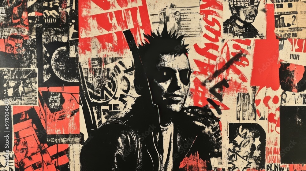 Fototapeta premium A man with spiky hair and sunglasses is depicted in a black and white illustration, surrounded by red and black typography.