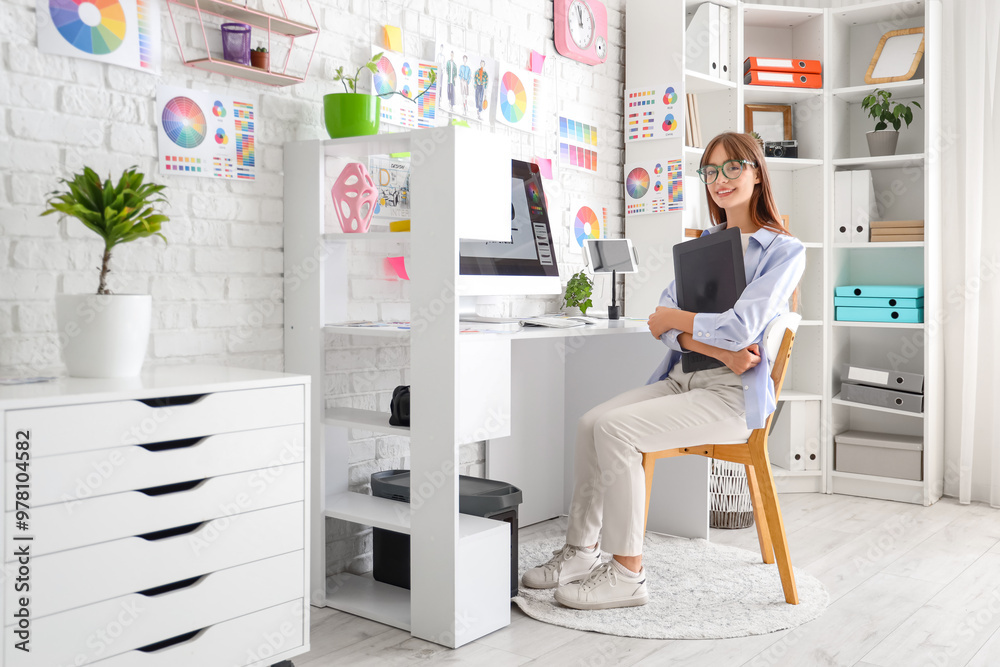 Female graphic designer with tablet sitting at table in office Female graphic designer with tablet sitting at table in office