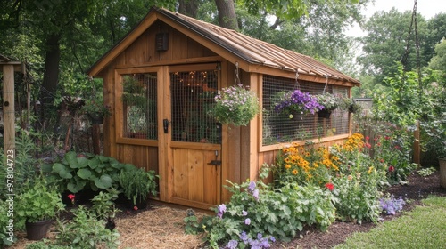 A beautifully designed backyard chicken coop with hanging plants and flowers surrounding the entrance.