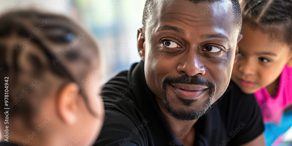 Teacher's Nurturing Gaze: A man looking at a group of children intently, with a smile on his face. Teacher's Nurturing Gaze: A man looking at a group of children intently, with a smile on his face.