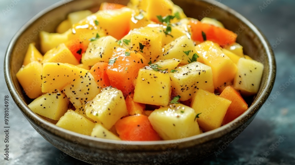 A bowl of mixed tropical fruit salad featuring mango, pineapple, and papaya, with a light drizzle of honey.
