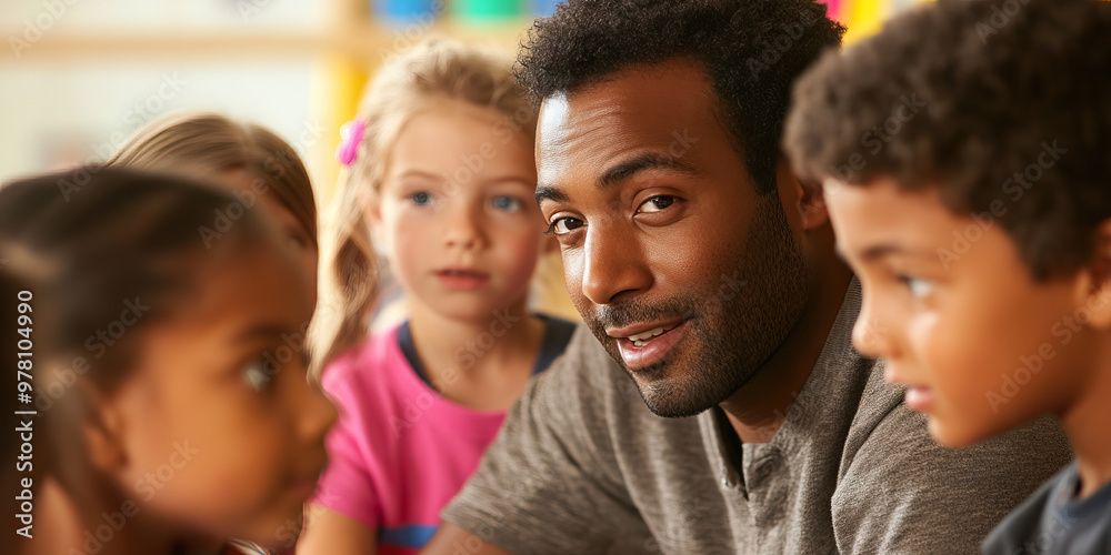 Teacher's Nurturing Gaze: A man looking at a group of children intently, with a smile on his face. Teacher's Nurturing Gaze: A man looking at a group of children intently, with a smile on his face.