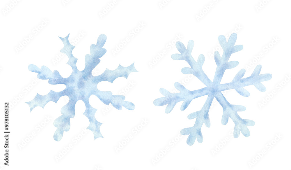 Set of blue snowflake on isolated background. Frozen crystal, symbol of winter. Hand drawn watercolor illustration. For design, cards, invitations, congratulations, packaging, printing, advertising. Set of blue snowflake on isolated background. Frozen crystal, symbol of winter. Hand drawn watercolor illustration. For design, cards, invitations, congratulations, packaging, printing, advertising.