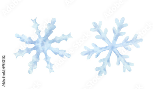 Set of blue snowflake on isolated background. Frozen crystal, symbol of winter. Hand drawn watercolor illustration. For design, cards, invitations, congratulations, packaging, printing, advertising.