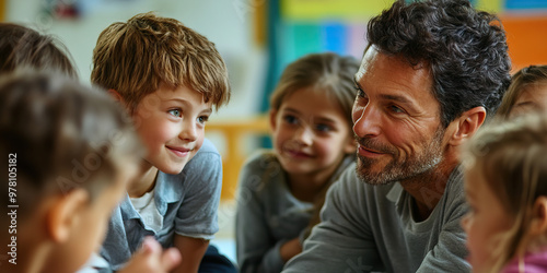 Teacher's Nurturing Gaze: A man looking at a group of children intently, with a smile on his face.