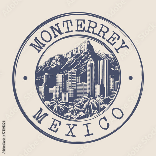 Monterrey, Mexico Stamp City Postmark. Silhouette Postal Passport. Round Vector Icon. Vintage Postage Design.