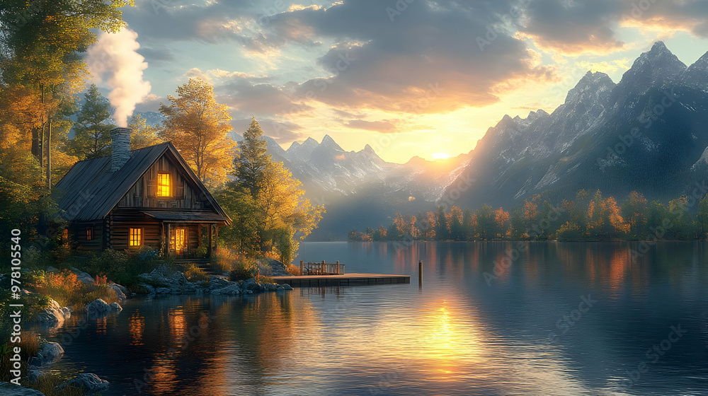 Fototapeta premium Cabin by the Lake with Mountain Views Illustration