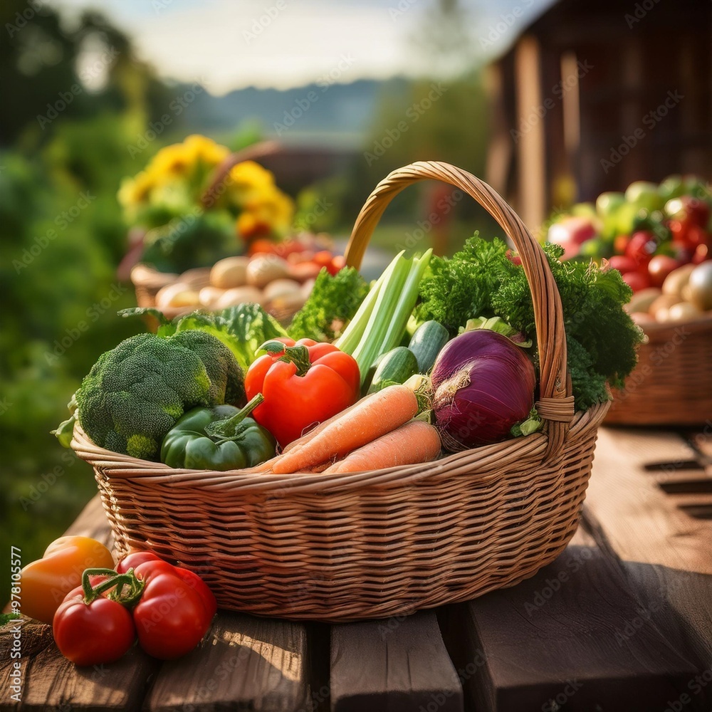Rustic vegetable baskets with depth of field featuring an assortment of fresh garden vegetables Rustic vegetable baskets with depth of field featuring an assortment of fresh garden vegetables