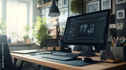 Modern Workspace with Computer and Desk Setup - Realistic Image