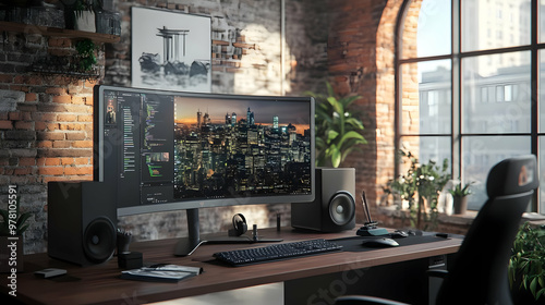 Curved Screen Computer Setup, Modern Office, Interior Design, 3D Illustration