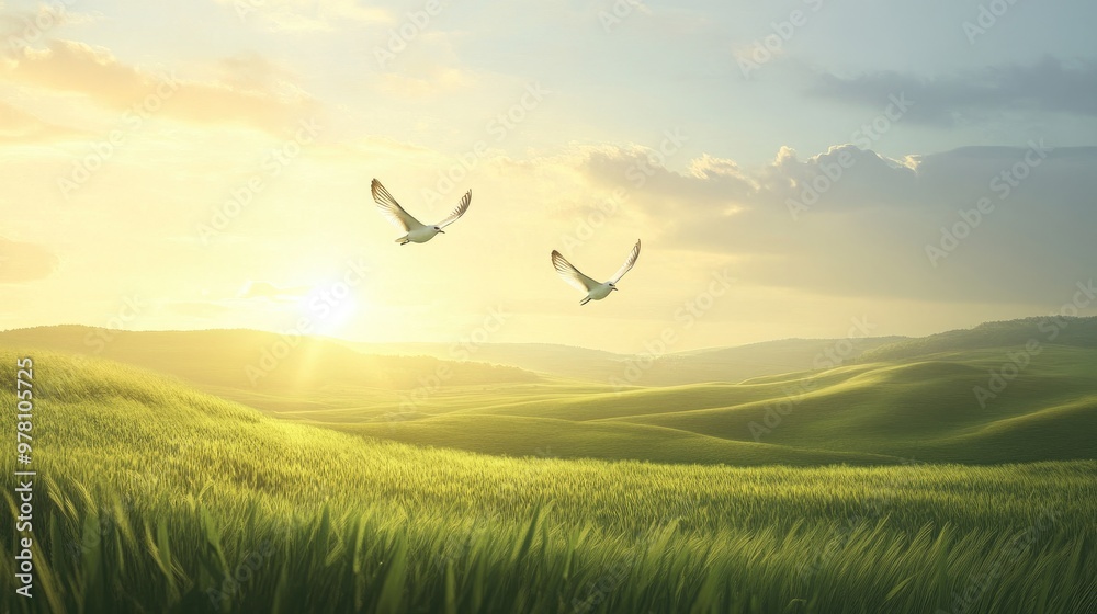 Two birds flying over a green field, with the bright sunlight and rolling hills in the background, creating a serene and realistic scene Two birds flying over a green field, with the bright sunlight and rolling hills in the background, creating a serene and realistic scene