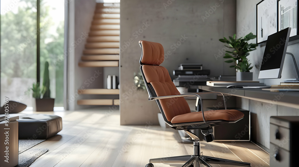 Fototapeta premium Modern Home Office Interior Design with Brown Leather Chair