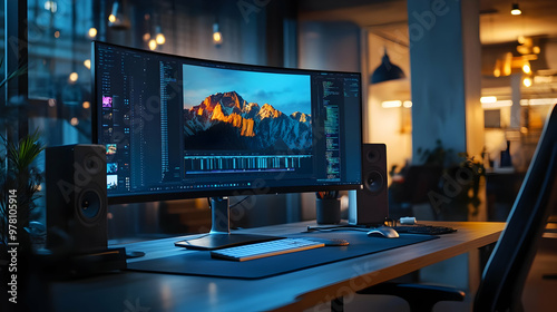 Curved Monitor Desktop Setup with Mountain Landscape Illustration