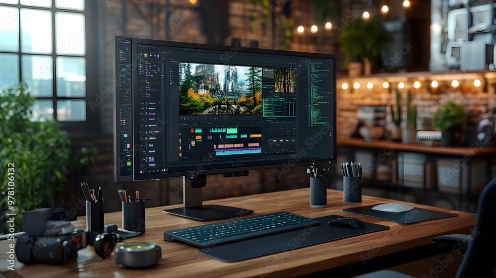 Video Editing Workstation with Monitor, Keyboard and Mouse - 3D Illustration Video Editing Workstation with Monitor, Keyboard and Mouse - 3D Illustration