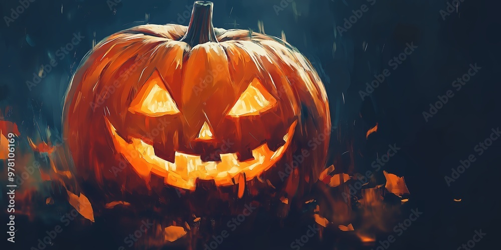 Fototapeta premium Jack-o'-lantern glowing ominously with flying leaves, spooky Halloween scene