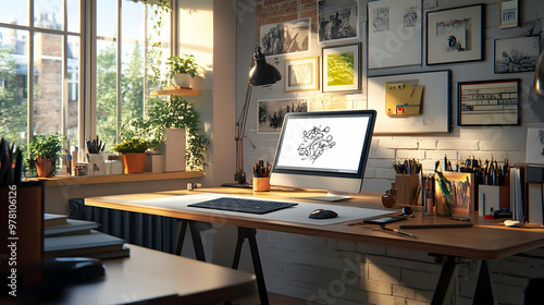 Creative Workspace with a Computer and a Window View - 3D Illustration