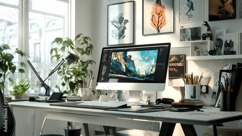 Modern Home Office Desk with Computer, Plants, and Artwork - 3D Illustration