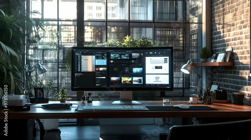 Modern Home Office Desk with Computer and Plants 3D Illustration