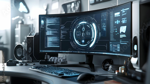 Curved Screen Desktop with Futuristic Interface Illustration
