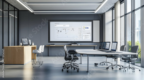 Modern Office Conference Room with Gray Walls and Large Windows - 3D Illustration