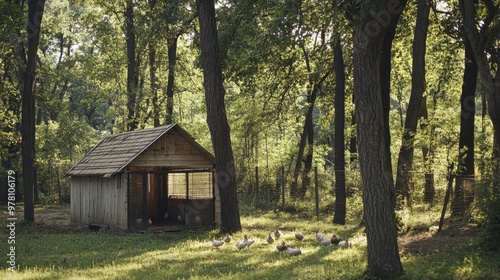 A chicken coop nestled under tall trees, providing shade for the hens as they peck around the enclosure.